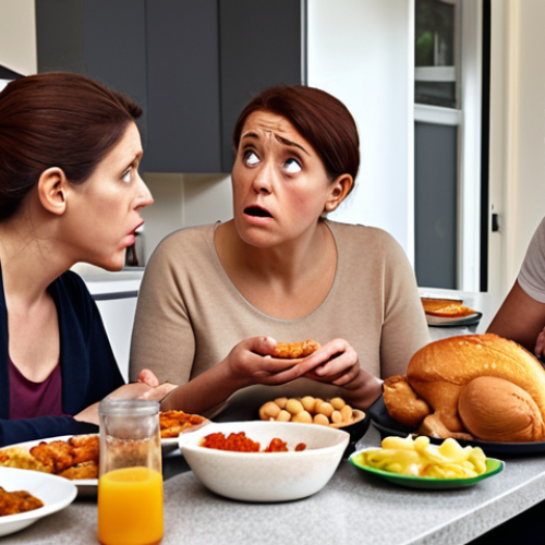 Home 4 A worried family looking at food with suspicion, highlighting food safety concerns and the importance of food hygiene for public health.
