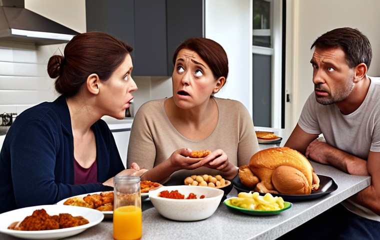 A worried family looking at food with suspicion, highlighting food safety concerns and the importance of food hygiene for public health.